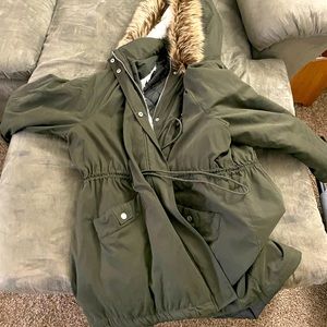 Sherpa lined, down, faux hood winter jacket